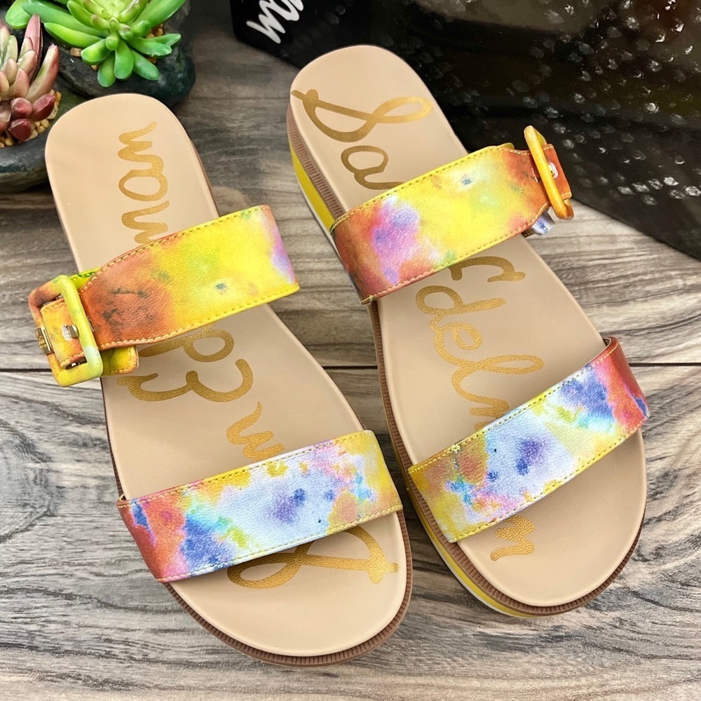 NIB Sam Edelman Agustine Platform Slide Sandal Lemon Zest Multi Leather 7.5M - Picture 2 of 12